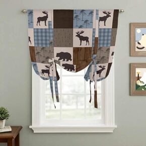 Blue Checkered Cabin Tie Up Curtains for Window, Farmhouse Forest Brown Buffalo Plaid Thermal Insulated Balloon Shade Rod Pocket Curtains Valance Panels for Kitchen Bathroom Café 42'' x 63'' in Saudi Arabia