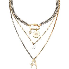 Gold Layered Necklaces,Gold & Silver Two Tone Mixed Metal Necklace,3PS Chunky Paperclip Chain Coin Pendant Trendy Jewelry Statement Jewelry Gift in Kuwait