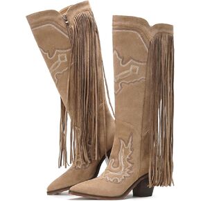 أحذية راعية البقر النسائية للركبة ذات هامش عالٍ أحذية رعاة البقر الغربية مطرزة بشراشيب حذاء ريترو in Kuwait