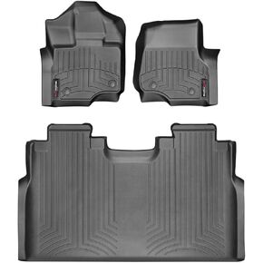 بطانات أرضية مخصصة من WeatherTech لسيارة Ford F-150 (كابينة الطاقم، مقاعد الدلو) F150 Lightning، Raptor بدون تخزين مسطح قابل للطي - الصف الأول والثاني (44697-1-2)، أسود in Kuwait