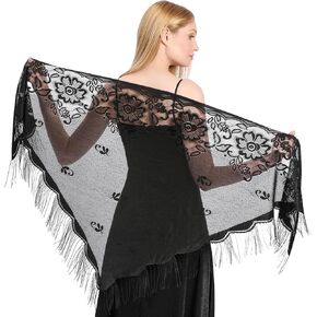 Lace Shawl, Fringe Shawl 78.74 Inch Black Lace Shawls for Women, Cotton Wedding & Evening Wrap Scarf in Kuwait