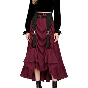 تنورة نسائية قوطي Steampunk من الدانتيل الأسود المزين بالزهور على شكل حرف A تنورة ميدي حمراء بأربطة مكشكشة عالية ومنخفضة غير متكافئة تنانير القراصنة in Kuwait
