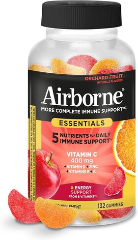 Airborne 400mg Vitamin C Gummies for Adults & Children, Immune Essentials Daily Immune Support Supplement with Powerful Antioxidants Vitamins C & E Plus Selenium - 132 Gummies, Orchard Fruit Flavor in Saudi Arabia