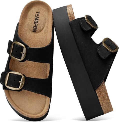 TEMOFON Platform Sandals Women Comfortable: Arch Support Memory Foam Wedge Sandals Genuine Suede Cork Footbed Slip on Summer Beach Women Footwear 2026 in Kuwait