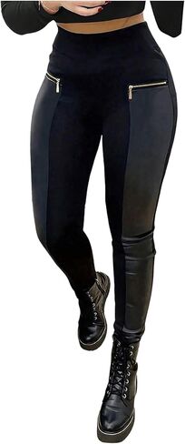 بنطال ضيق نسائي من الجلد الصناعي عالي الخصر من WDIRARA مع جيوب بسحاب in Kuwait