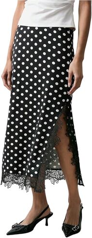 WDIRARA Women's Polka Dots Skirt Vintage Lace Trim Side Slit Midi Skirts in Saudi Arabia