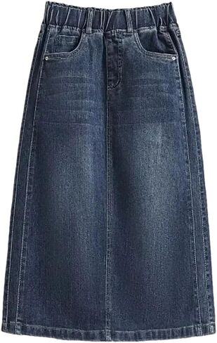 DBFBDTU Women's Mid Length Denim Skirt Elastic High Waist Solid Casual Jean Skirt in Saudi Arabia