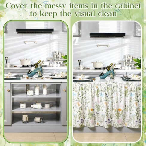 VitalCozy مجلس الوزراء الستائر 28 "× 35" بالوعة تنورة للحمام الماس غرزة ذاتية اللصق نسيج مقاوم للماء ستائر قصيرة للمطبخ الأزهار غسالة صحون غطاء الستار للمنزل مزرعة الستارة ريفي in Saudi Arabia