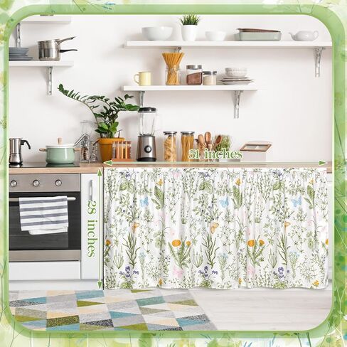 VitalCozy مجلس الوزراء الستائر 28 "× 35" بالوعة تنورة للحمام الماس غرزة ذاتية اللصق نسيج مقاوم للماء ستائر قصيرة للمطبخ الأزهار غسالة صحون غطاء الستار للمنزل مزرعة الستارة ريفي in Saudi Arabia