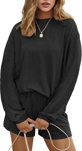 Ekouaer 2 Pieces Lounge Set for Women Long Sleeve Pajamas Top and Shorts Matching Sets Outfits with Pockets Navy Blue in Saudi Arabia