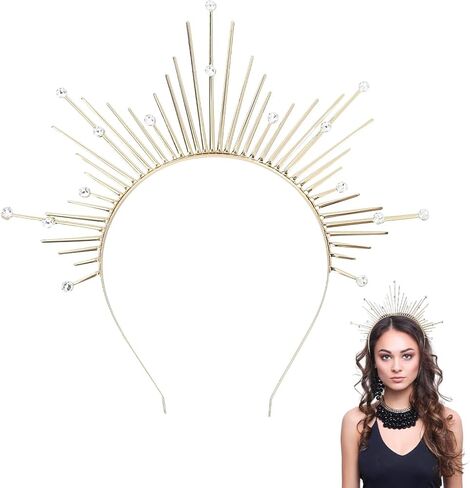 Black Halo Crown Spike Rhinestone Crystal Greek Godness Headband Vintage Style Renaissance Renfaire Tiara Mary Headpiece for Women Wedding Party Cosplay Pageant Festival Costmue Accessories in Saudi Arabia