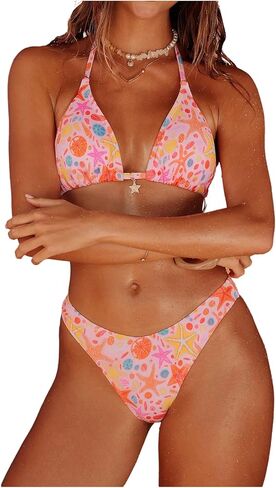 OYOANGLE Women's 2 Piece Ribbed Knit Bikini Set Halter Triangle High Cut Brief Graphic Beach Swimsuit in Saudi Arabia