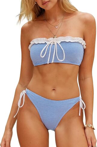 ZAFUL Womens Bandeau Bikini Sets Cheeky Ruffle Strapless High Cut Bow Tie Color Block 2 Piece Swimsuits in Saudi Arabia