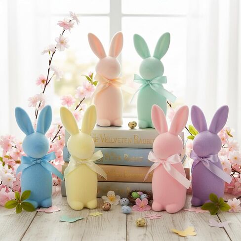Lanpn 6PCS Flocked Bunny Easter Decorations with Bow Ties, Macaron Color Rabbit Figurines for Easter Centerpieces, Spring Tabletop & Shelf Decor, Seasonal Gift in Saudi Arabia