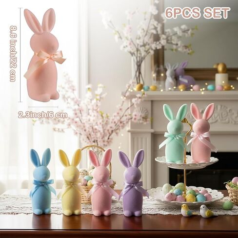 Lanpn 6PCS Flocked Bunny Easter Decorations with Bow Ties, Macaron Color Rabbit Figurines for Easter Centerpieces, Spring Tabletop & Shelf Decor, Seasonal Gift in Saudi Arabia