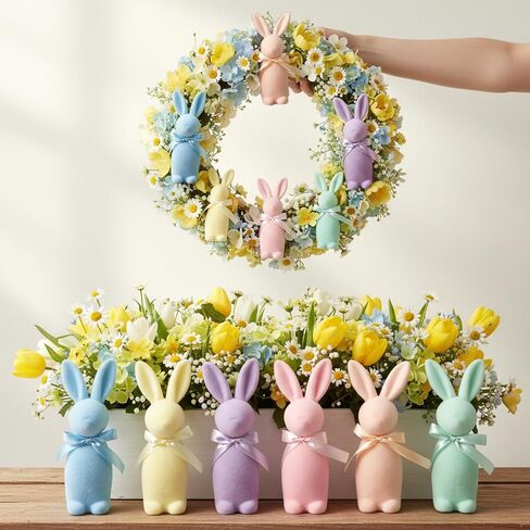 Lanpn 6PCS Flocked Bunny Easter Decorations with Bow Ties, Macaron Color Rabbit Figurines for Easter Centerpieces, Spring Tabletop & Shelf Decor, Seasonal Gift in Saudi Arabia