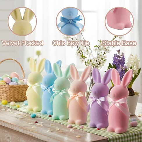 Lanpn 6PCS Flocked Bunny Easter Decorations with Bow Ties, Macaron Color Rabbit Figurines for Easter Centerpieces, Spring Tabletop & Shelf Decor, Seasonal Gift in Saudi Arabia