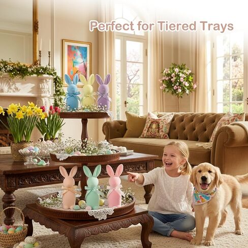 Lanpn 6PCS Flocked Bunny Easter Decorations with Bow Ties, Macaron Color Rabbit Figurines for Easter Centerpieces, Spring Tabletop & Shelf Decor, Seasonal Gift in Saudi Arabia