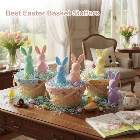 Lanpn 6PCS Flocked Bunny Easter Decorations with Bow Ties, Macaron Color Rabbit Figurines for Easter Centerpieces, Spring Tabletop & Shelf Decor, Seasonal Gift in Saudi Arabia