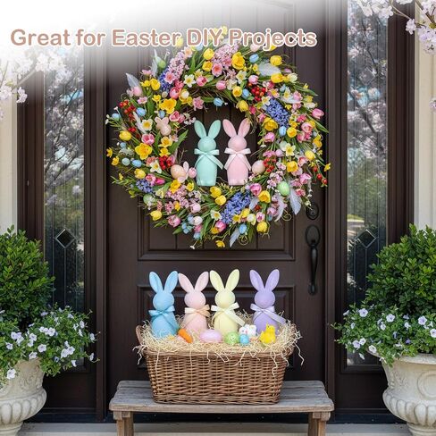 Lanpn 6PCS Flocked Bunny Easter Decorations with Bow Ties, Macaron Color Rabbit Figurines for Easter Centerpieces, Spring Tabletop & Shelf Decor, Seasonal Gift in Saudi Arabia