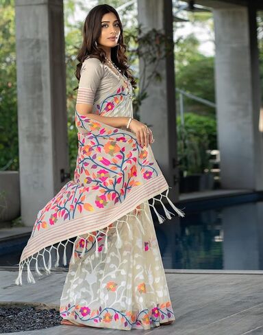 Women's Cotton Jacquard Saree with Unstitched Blouse Piece in Kuwait