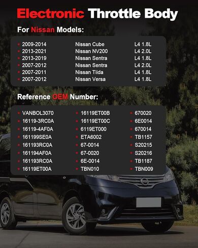 مجموعة جسم الخانق الإلكترونية متوافقة مع Nissan 2007-2019 Sentra 2007-2012 Versa، 2013-2021 NV200، 2009-2014 Cube 2007-2011 Tiida، L4 1.8L 2.0L، يستبدل 67-0014، 67-0020، TB1157 in Kuwait