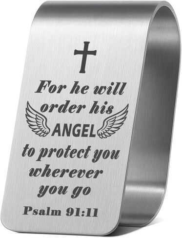 مشبك قناع السيارة، ملاك وصليب من الفولاذ المقاوم للصدأ منقوش عليه آية الكتاب المقدس مزمور 91:11، ملحقات السيارة الدينية لسلامة القيادة هدية للحماية للرجال والنساء (ملاك فضي + صليب) in Kuwait