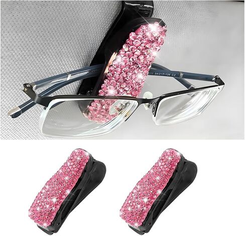 Bling Car Sun Visor Sunglasses Holder, Crystal Rhinestone Vehicle Glasses Hanger Mount with Ticket Card Clip for Women Girl, Auto Eyeglasses Mounting, Universal for Vehicles (Pink) in Saudi Arabia