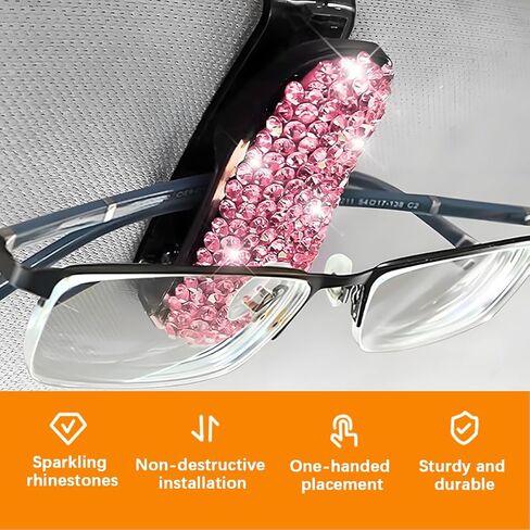 Bling Car Sun Visor Sunglasses Holder, Crystal Rhinestone Vehicle Glasses Hanger Mount with Ticket Card Clip for Women Girl, Auto Eyeglasses Mounting, Universal for Vehicles (Pink) in Saudi Arabia