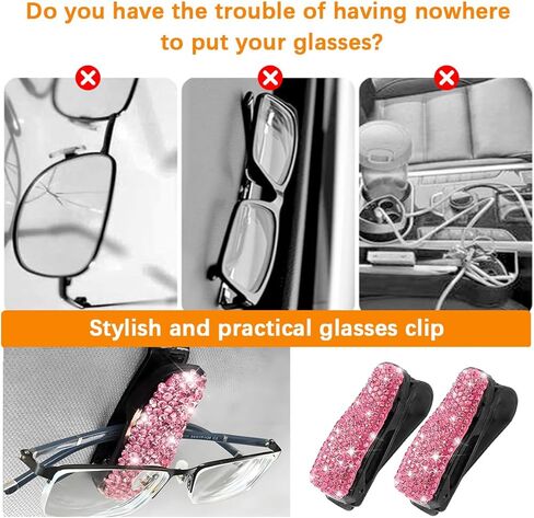 Bling Car Sun Visor Sunglasses Holder, Crystal Rhinestone Vehicle Glasses Hanger Mount with Ticket Card Clip for Women Girl, Auto Eyeglasses Mounting, Universal for Vehicles (Pink) in Saudi Arabia