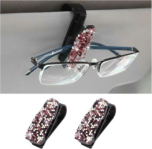 Bling Car Sun Visor Sunglasses Holder, Crystal Rhinestone Vehicle Glasses Hanger Mount with Ticket Card Clip for Women Girl, Auto Eyeglasses Mounting, Universal for Vehicles (Pink) in Saudi Arabia