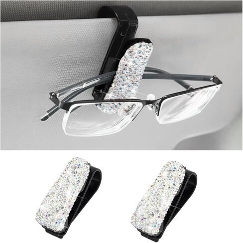 Bling Car Sun Visor Sunglasses Holder, Crystal Rhinestone Vehicle Glasses Hanger Mount with Ticket Card Clip for Women Girl, Auto Eyeglasses Mounting, Universal for Vehicles (Pink) in Saudi Arabia