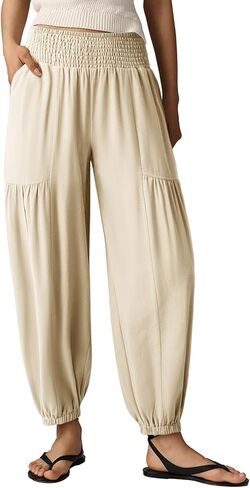 Dokotoo Women's Pants Casual Smocked High Waisted Elastic Wide Leg Pants Loose Cotton Trousers with Pockets in Saudi Arabia