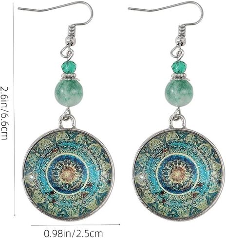 Vintage Mandala Earrings, Boho Dangle Drop Jewelry, Glass Cabochon Round Pendant, Green Bead Silver Tone Statement Gift in Saudi Arabia