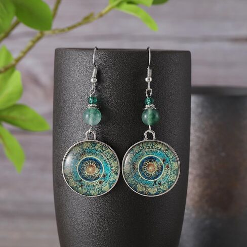 Vintage Mandala Earrings, Boho Dangle Drop Jewelry, Glass Cabochon Round Pendant, Green Bead Silver Tone Statement Gift in Saudi Arabia