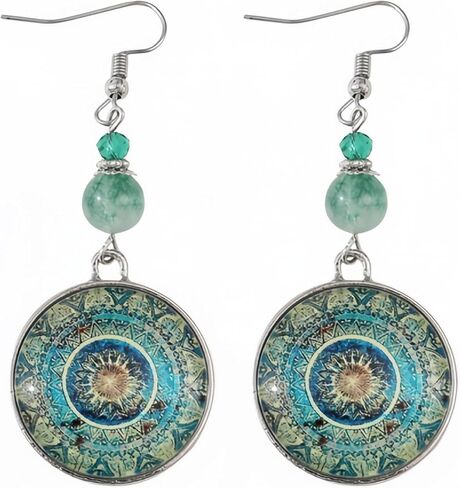 Vintage Mandala Earrings, Boho Dangle Drop Jewelry, Glass Cabochon Round Pendant, Green Bead Silver Tone Statement Gift in Saudi Arabia