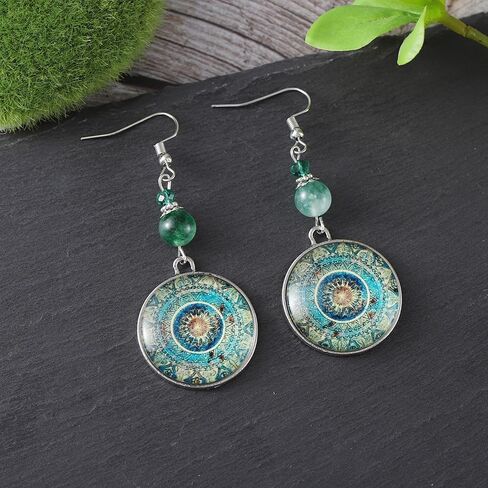 Vintage Mandala Earrings, Boho Dangle Drop Jewelry, Glass Cabochon Round Pendant, Green Bead Silver Tone Statement Gift in Saudi Arabia