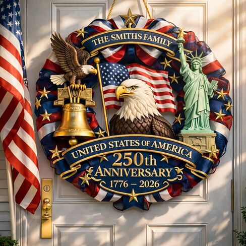 NAZENTI Personalized 250th Anniversary 4th of July Door Sign with Family Name, Custom Door Wreaths for USA 250 Anniversary, Customized Patriotic Decorations, America 250th Outdoor Decorations A01 in Saudi Arabia