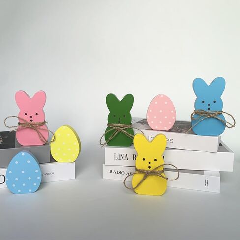 زينة عيد الفصح 7 قطع من بيض الأرنب الخشبي علامات ديكور الربيع للمنزل، أرنب خشبي قائم بذاته لطيف قطع مركزية للطاولة ديكور صينية متدرجة لمستلزمات الحفلات على سطح الطاولة ورف الرف in Kuwait