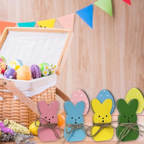 زينة عيد الفصح 7 قطع من بيض الأرنب الخشبي علامات ديكور الربيع للمنزل، أرنب خشبي قائم بذاته لطيف قطع مركزية للطاولة ديكور صينية متدرجة لمستلزمات الحفلات على سطح الطاولة ورف الرف in Kuwait