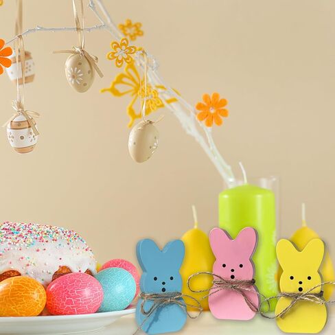 زينة عيد الفصح 7 قطع من بيض الأرنب الخشبي علامات ديكور الربيع للمنزل، أرنب خشبي قائم بذاته لطيف قطع مركزية للطاولة ديكور صينية متدرجة لمستلزمات الحفلات على سطح الطاولة ورف الرف in Kuwait