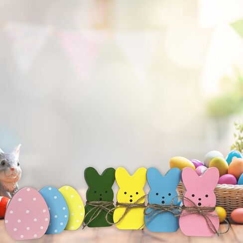 زينة عيد الفصح 7 قطع من بيض الأرنب الخشبي علامات ديكور الربيع للمنزل، أرنب خشبي قائم بذاته لطيف قطع مركزية للطاولة ديكور صينية متدرجة لمستلزمات الحفلات على سطح الطاولة ورف الرف in Kuwait