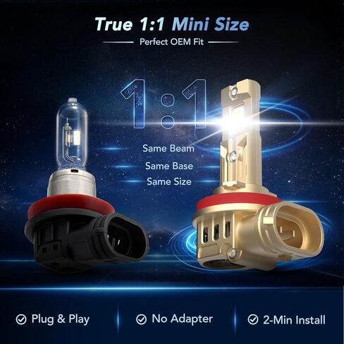 Upgraded H11/H9/H8 Bulb, 60,000H Lifespan, 8X Ultra-Brightness, 46,000LM, 1:1 Halogen Mini Size, 6000K White, IP68, Aerospace Aluminum Connectors, Fast Plug, 2-Pack in Saudi Arabia