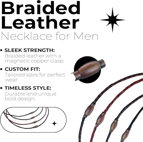 Handmade Thin Braided Leather Chain Necklace with Copper Toned Brass Magnetic Clasp - Available in 16,18,20,22,24 inch or Custom in Saudi Arabia