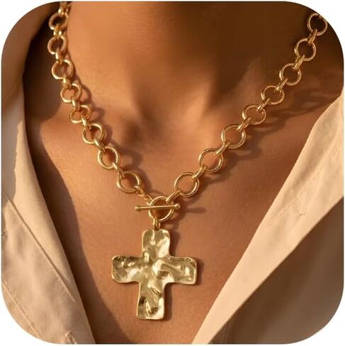 Chunky Cross Necklace for Women Trendy - 14K Gold Plated Cross Pendant Necklaces Toggle Clasp Paperclip Chain Simple Charm Jewelry Christian Gifts in Saudi Arabia