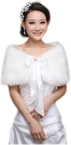 Women Bride Wedding Faux Fur Shawl Wrap Ribbon Tie Bridal Bridesmaid Stole Tippet Cape Party Cover Up Capelet Shrug in Saudi Arabia