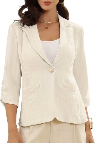Allegra K Linen Blazer for Women's Notch Lapel 3/4 Sleeve Lightweight Casual Work Business Suit Jackets in Saudi Arabia
