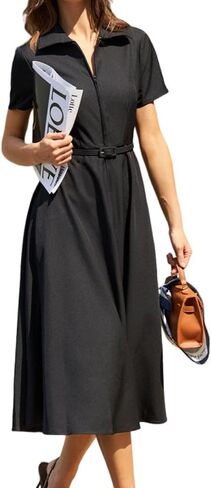 RIHOAS Belted A-Line Business Dress for Women - Short Sleeve Midi Work Dress,Elegant Formal Professional Dresses in Saudi Arabia
