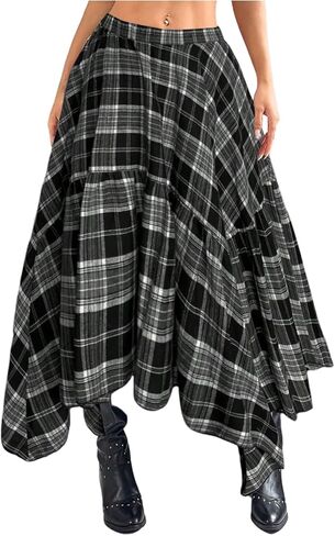 WDIRARA Women's Plus Size Tartan Plaid Uneven Hem Maxi Skirts Y2k A Line Skirt in Saudi Arabia