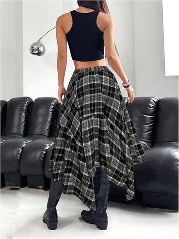 WDIRARA Women's Plus Size Tartan Plaid Uneven Hem Maxi Skirts Y2k A Line Skirt in Saudi Arabia